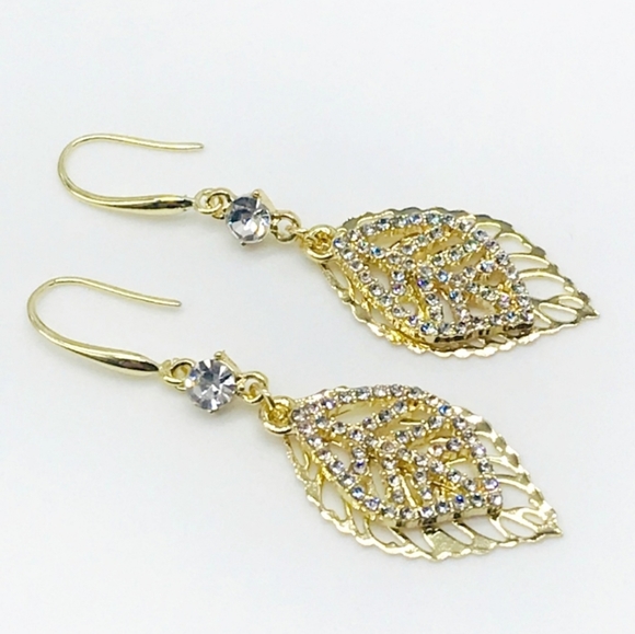 Gold-plated crystal double Leaf Drop earrings with silver post BOGO - Picture 12 of 14